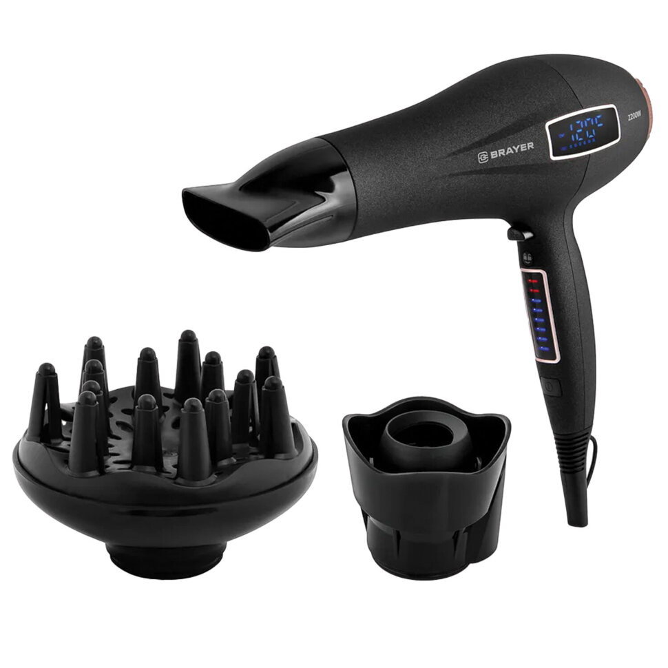 Фен BRAYER BR3001, 2200 Вт, 6 скоростей, 8 температурных режимов, сенсорное управление, серый, 456102