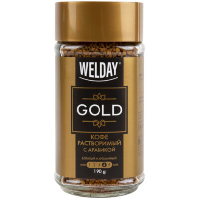 Кофе растворимый WELDAY (ВЭЛДЭЙ) "GOLD" 190 г, стеклянная банка, сублимированный, 622674, 622674
