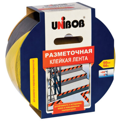Клейкая лента разметочная 50 мм х 50 м, желто-черная, UNIBOB, основа-ПВХ, европодвес, 48905, 604162