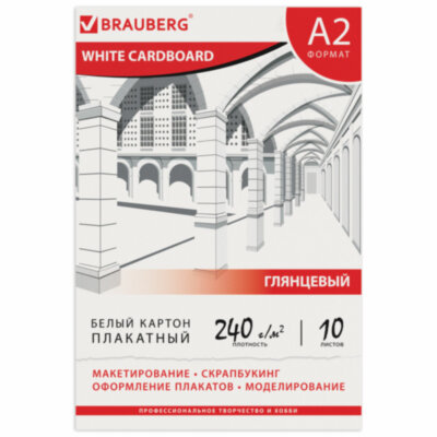 Картон белый БОЛЬШОГО ФОРМАТА, А2 МЕЛОВАННЫЙ (глянцевый), 10 листов, в папке, BRAUBERG, 400х590 мм, 124764, 124764