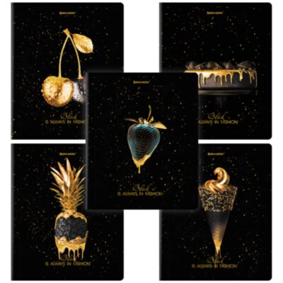 Тетрадь А5, 48 л., BRAUBERG, скоба, клетка, матовая ламинация, фольга, "Black&amp;Gold" (микс в спайке), 404370, 404370