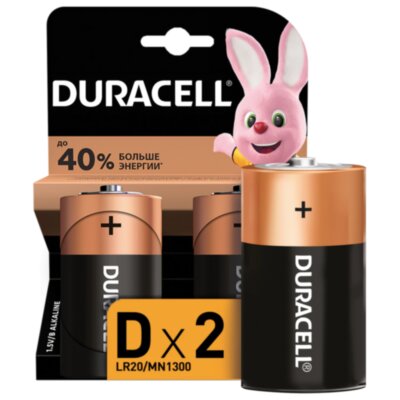 Батарейки КОМПЛЕКТ 2 шт., DURACELL Basic ОРИГИНАЛ, D (LR20, 13А), алкалиновые, блистер, MN 1300D LR20, 450401