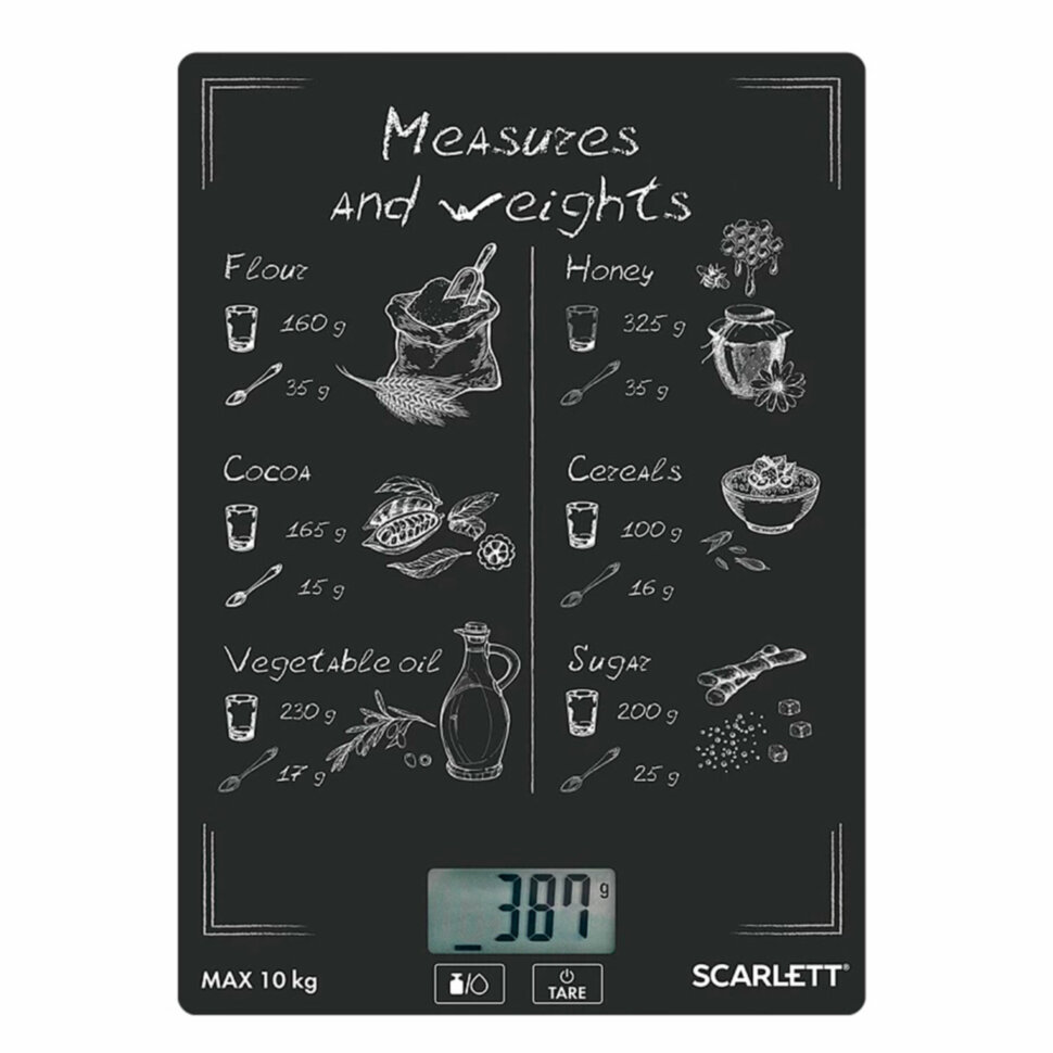 Весы кухонные SCARLETT SC-KS57P64, электронный дисплей, max вес 10 кг, тарокомпенсация, стекло, 455049