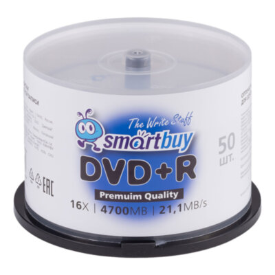 Диски DVD+R (плюс) SMARTBUY, 4,7 Гб, 16x, Cake Box (упаковка на шпиле), КОМПЛЕКТ 50 шт., SBDVPR50, 513985