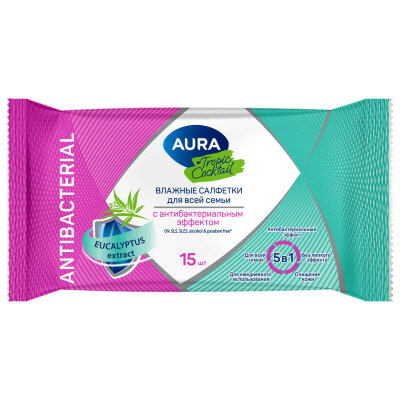 Салфетки влажные 15 шт., AURA Tropic Cocktail, c антибактериальным эффектом, 10388, 117677